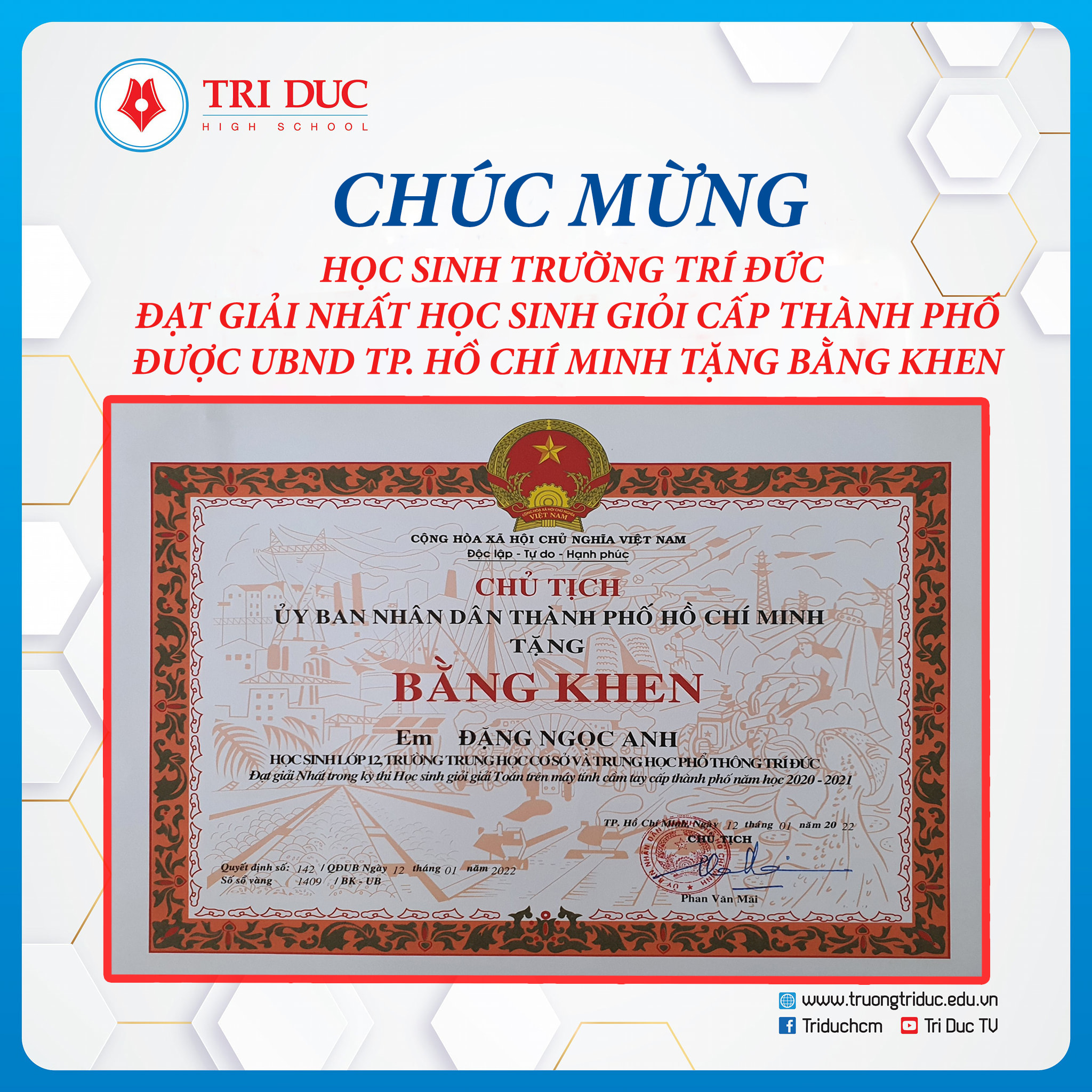 CHÚC MỪNG HỌC SINH TRÍ ĐỨC ĐẠT GIẢI NHẤT HỌC SINH GIỎI CẤP THÀNH PHỐ ĐƯỢC UBND TP. HỒ CHÍ MINH TRAO TẶNG BẰNG KHEN