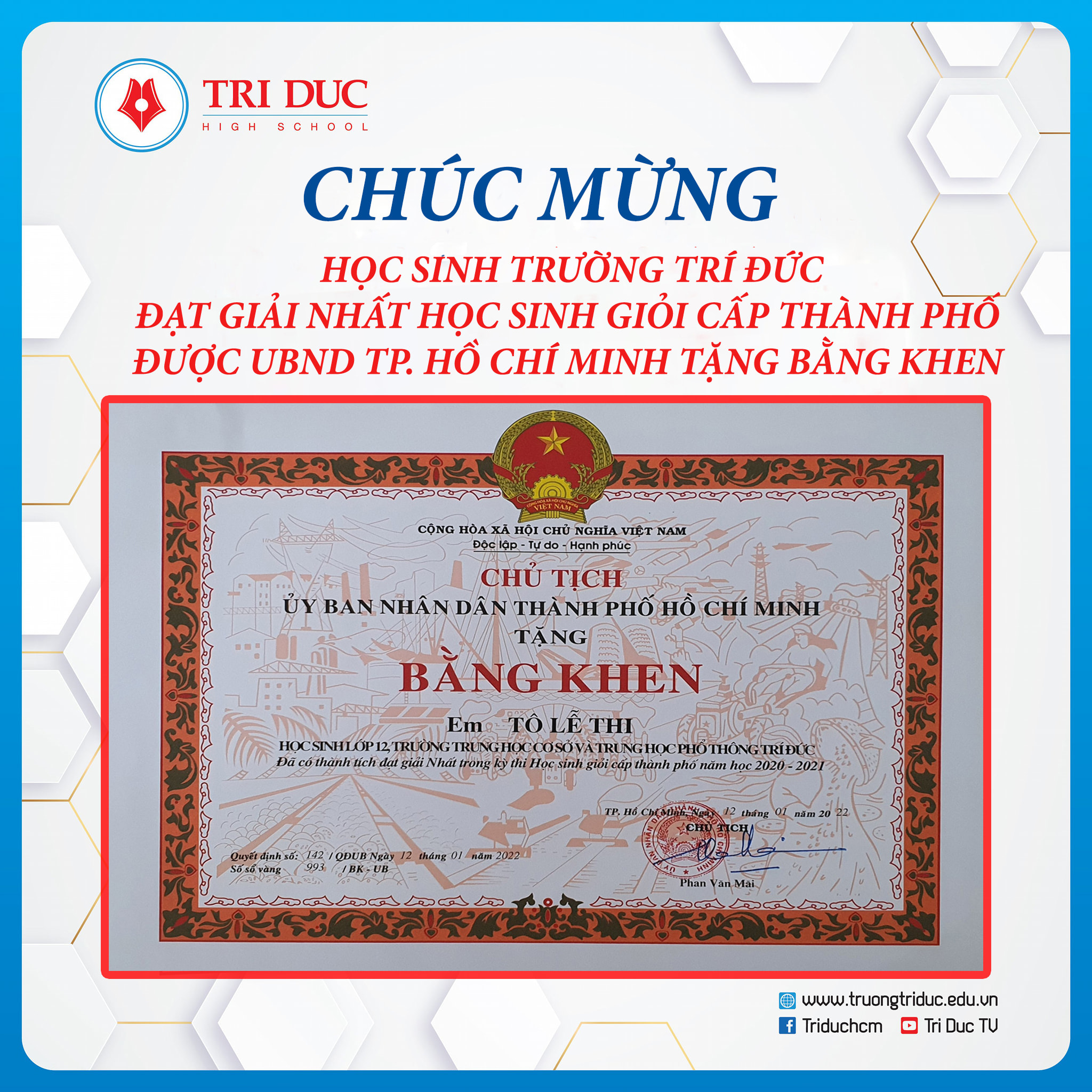 CHÚC MỪNG HỌC SINH TRÍ ĐỨC ĐẠT GIẢI NHẤT HỌC SINH GIỎI CẤP THÀNH PHỐ ĐƯỢC UBND TP. HỒ CHÍ MINH TRAO TẶNG BẰNG KHEN